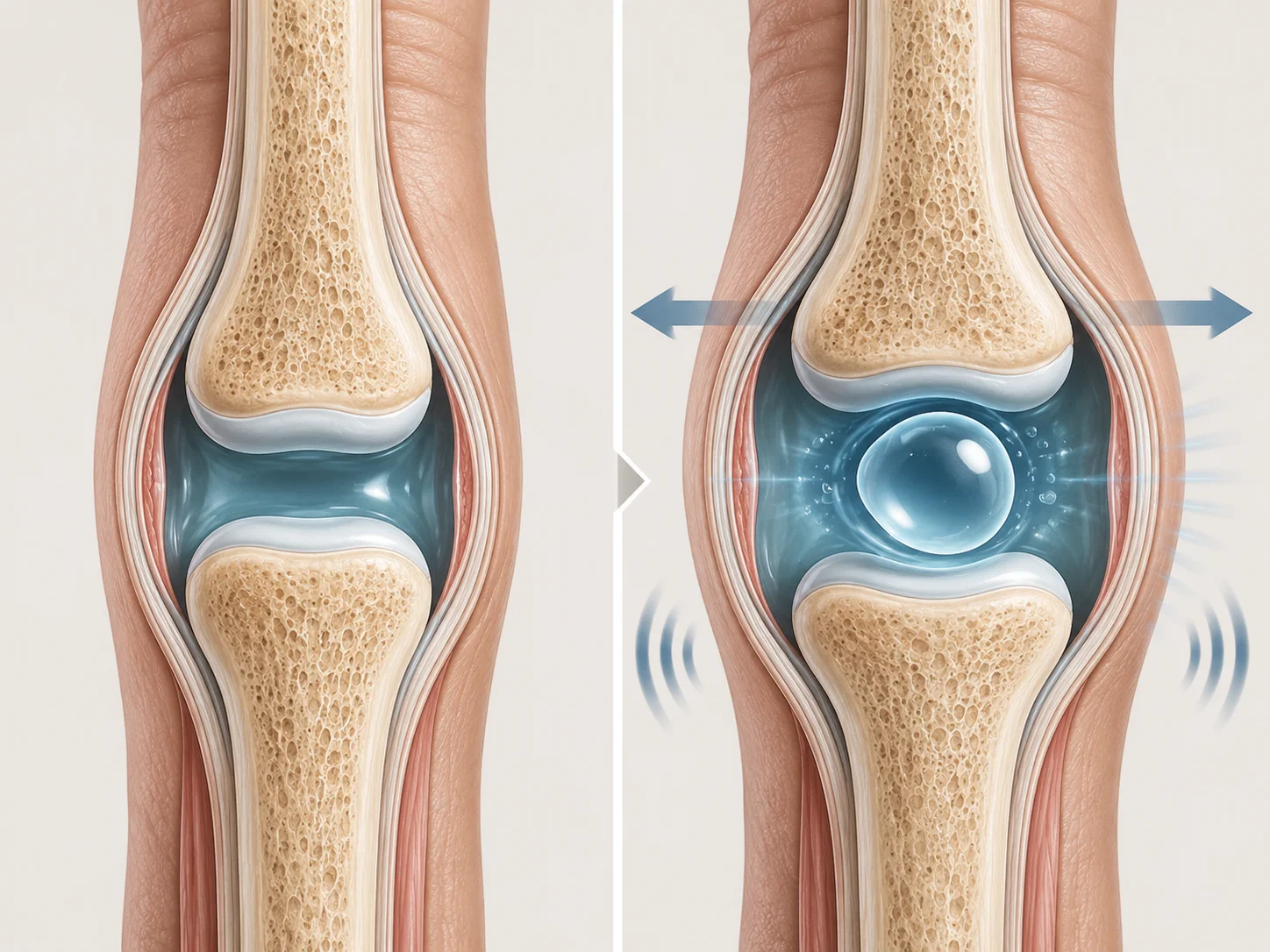 Cross-section diagram of a finger joint showing synovial fluid and gas bubble formation