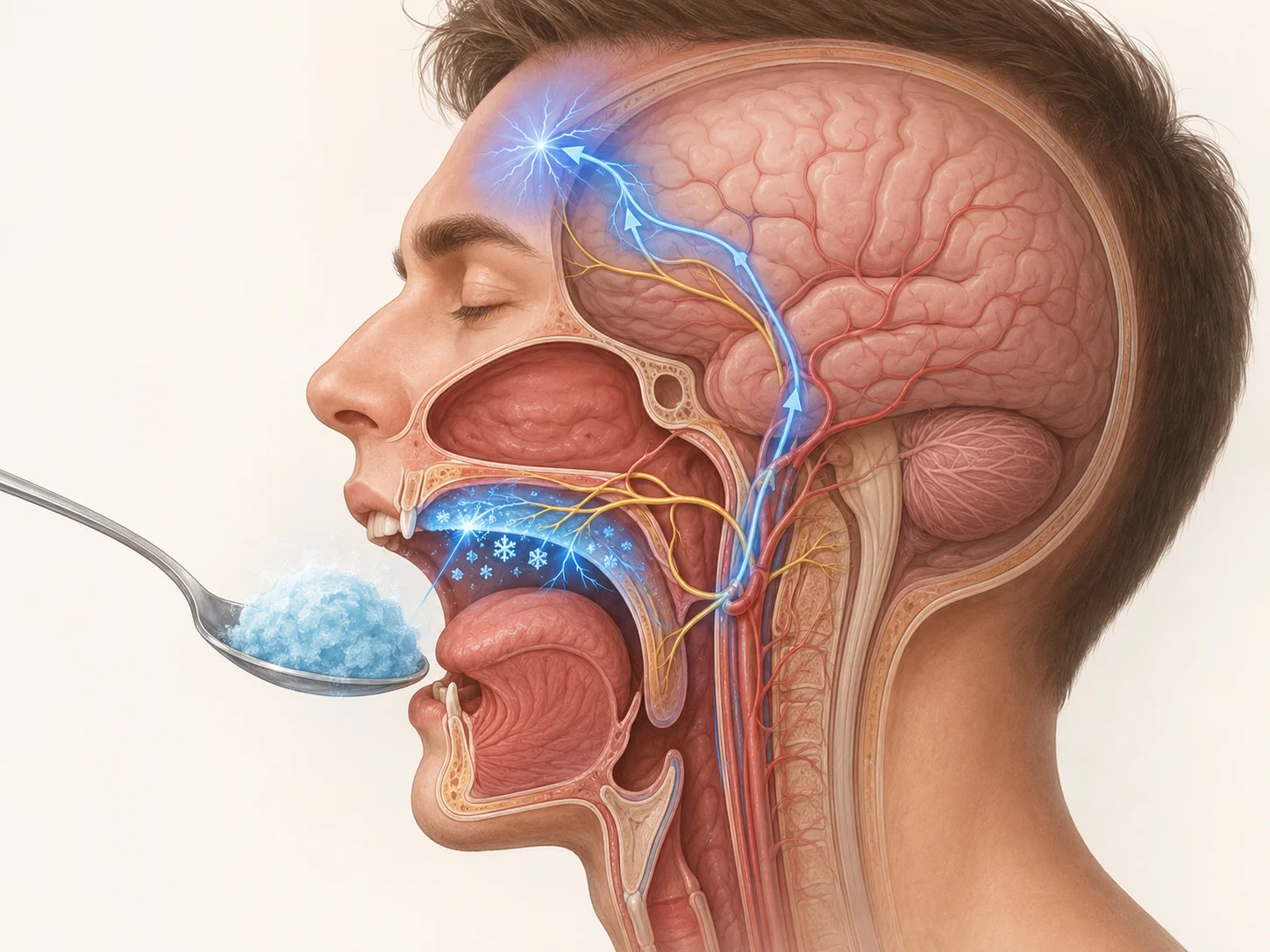 Diagram showing cold food at mouth, blood vessel response, nerve activation, and referred pain to forehead