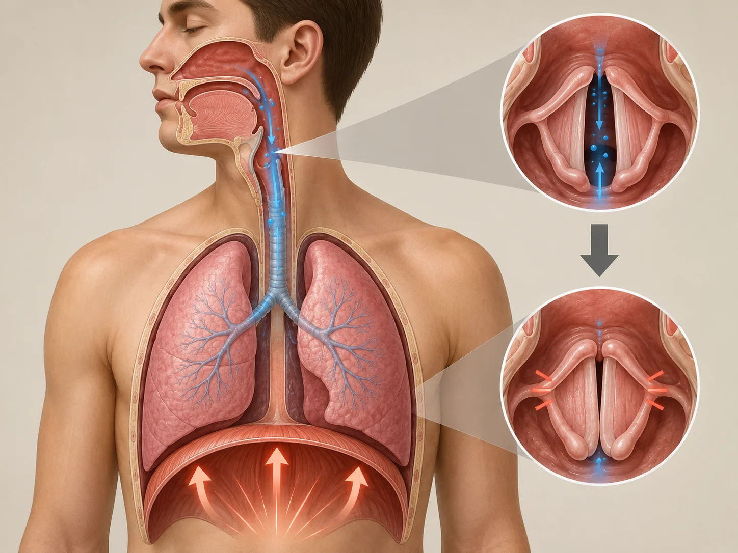 Diagram showing diaphragm spasm and vocal cord closure during hiccup