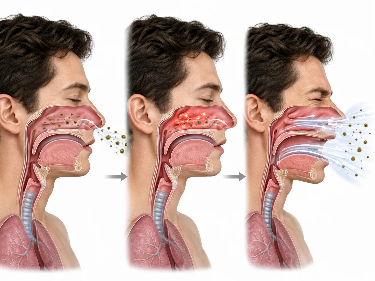 Diagram showing sneeze reflex pathway from nasal nerve to brainstem to body response