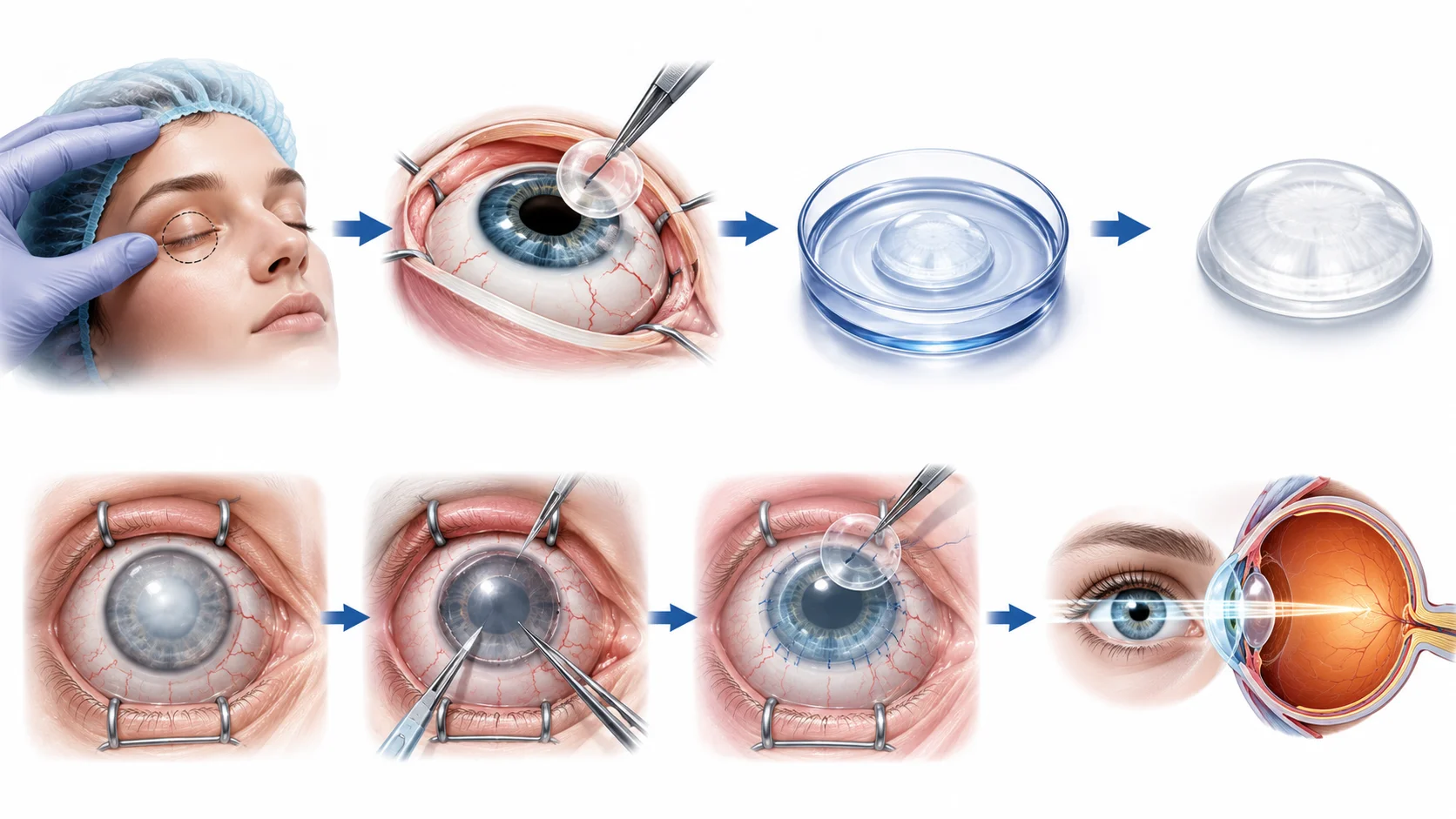 Infographic showing the layers of the cornea that can be donated including full thickness PKP, DSAEK, and DMEK layers, with a visual comparison of thickness, clean white background.