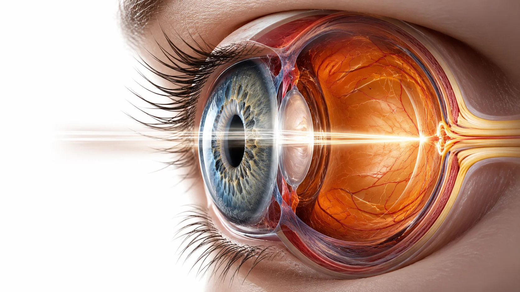 Ultra realistic educational editorial illustration of a human eye cross-section with the cornea highlighted and glowing, showing the transparent precision of the tissue, clean white background, scientific magazine-quality artwork.