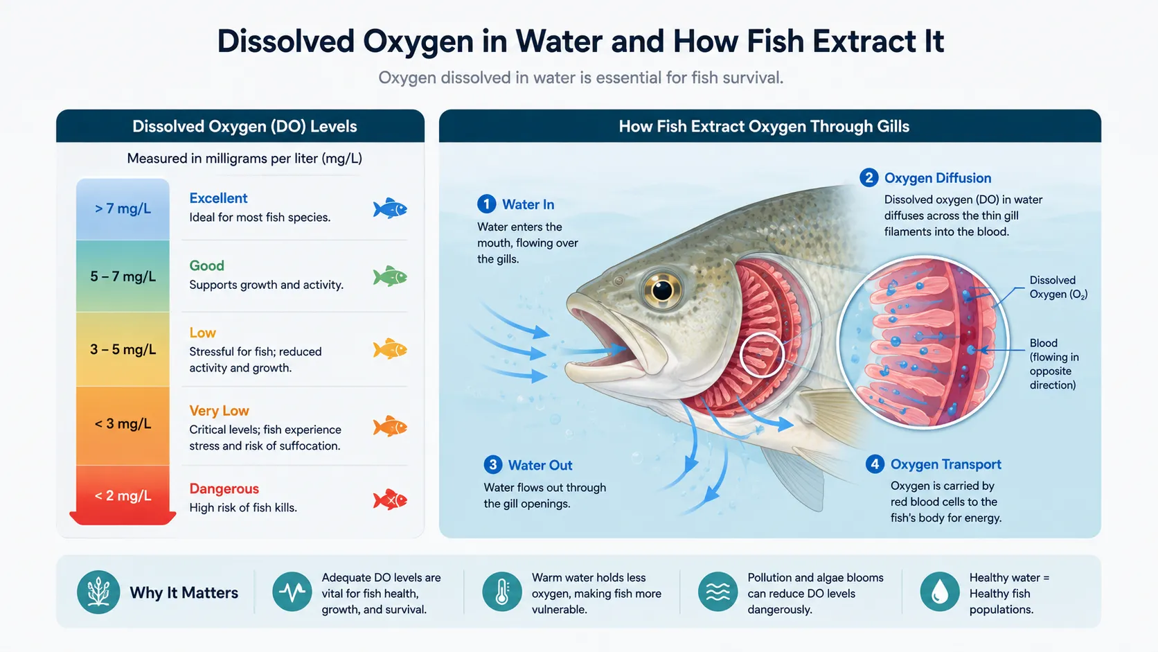 Diagram showing water entering the mouth, passing over gills, oxygen crossing into blood, and water exiting