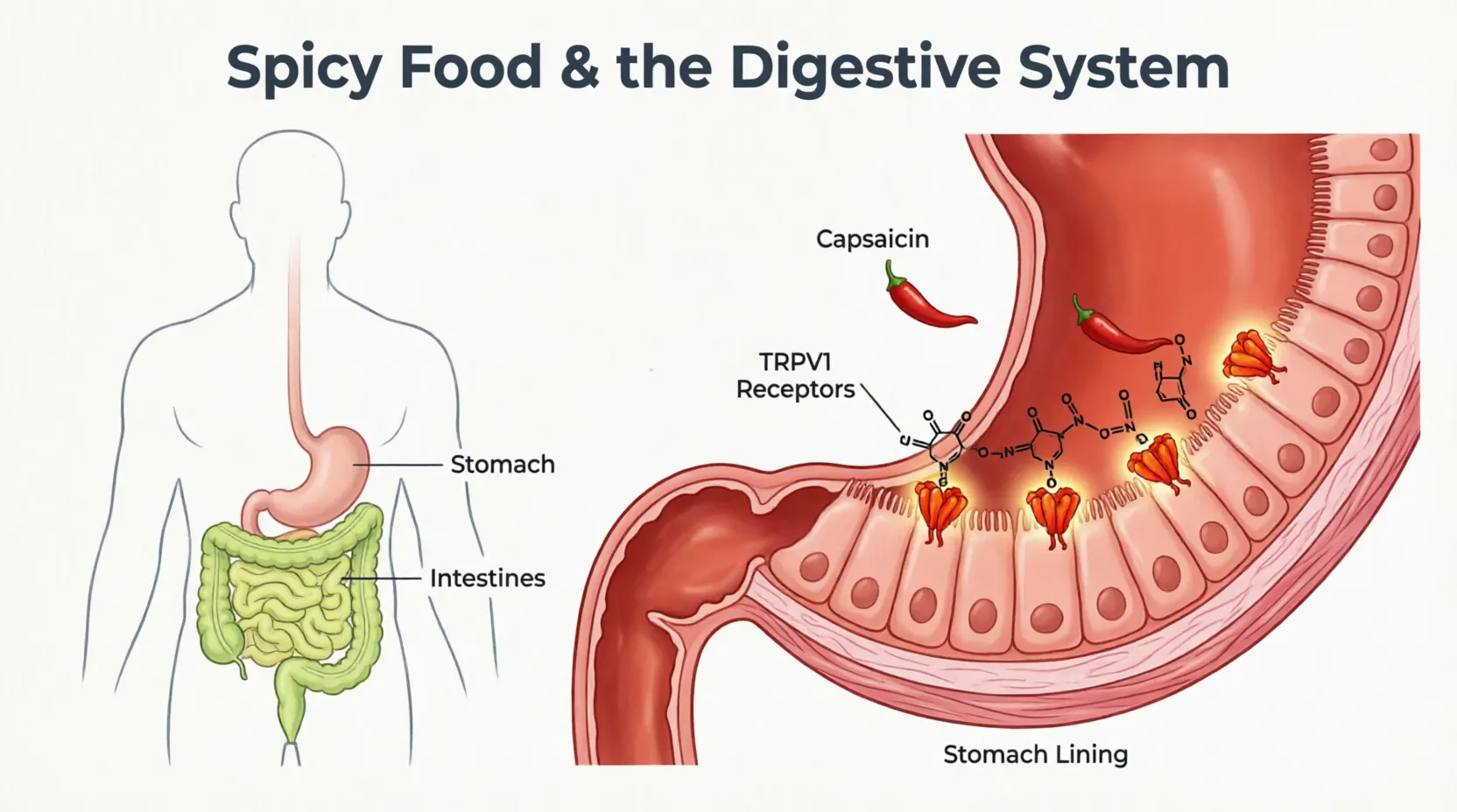 Diagram showing capsaicin's journey through the mouth, stomach, intestines and rectum, with TRPV1 receptor activation at each stage