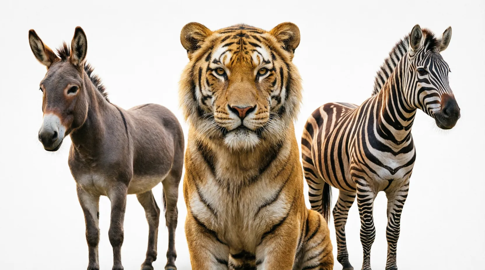 Side-by-side image of a liger and a hybrid bear illustrating cross-species offspring