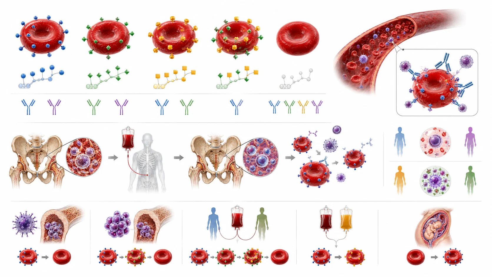 Diagram showing ABO antigens on red blood cells and corresponding antibodies