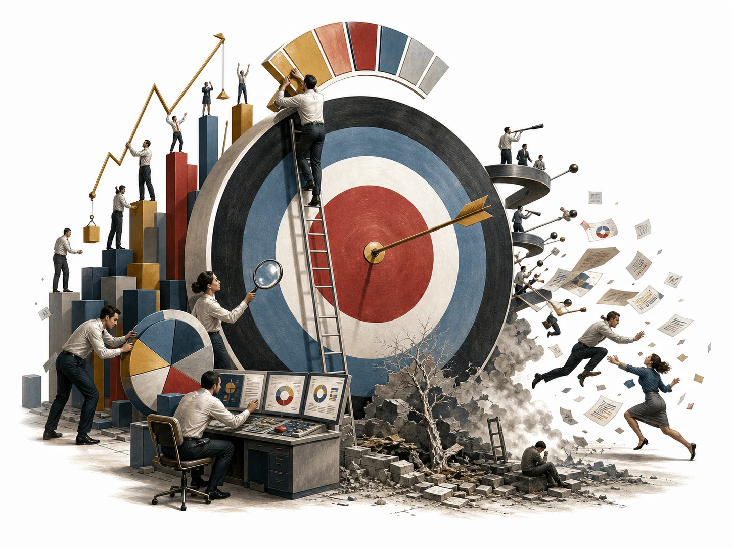 Editorial illustration of a person trying to hit a target that keeps moving