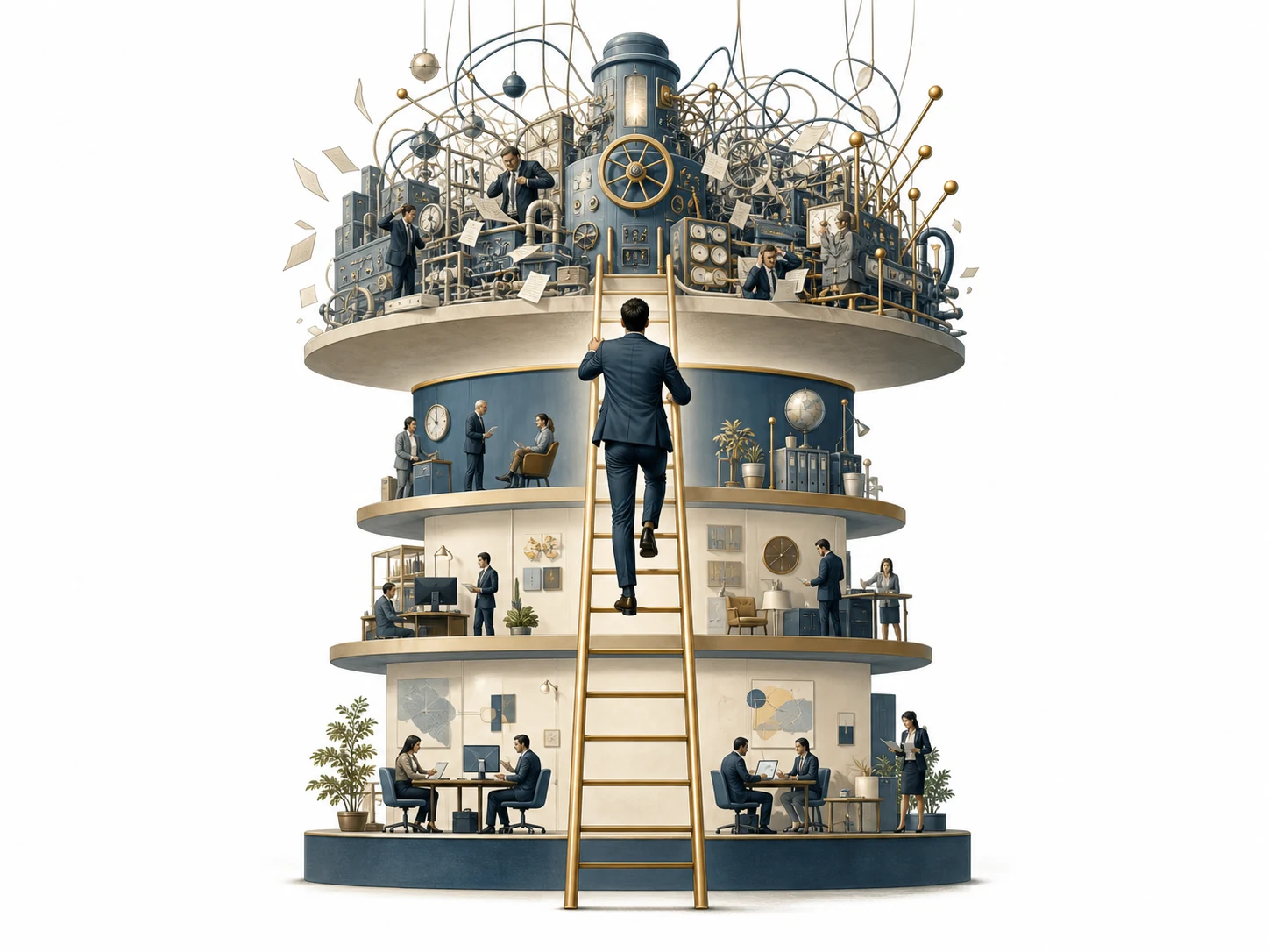 Editorial illustration of a person climbing a ladder with levels of incompetence