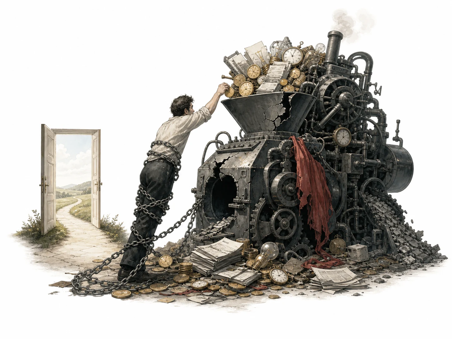 Editorial illustration of a person throwing good money after bad into a hole