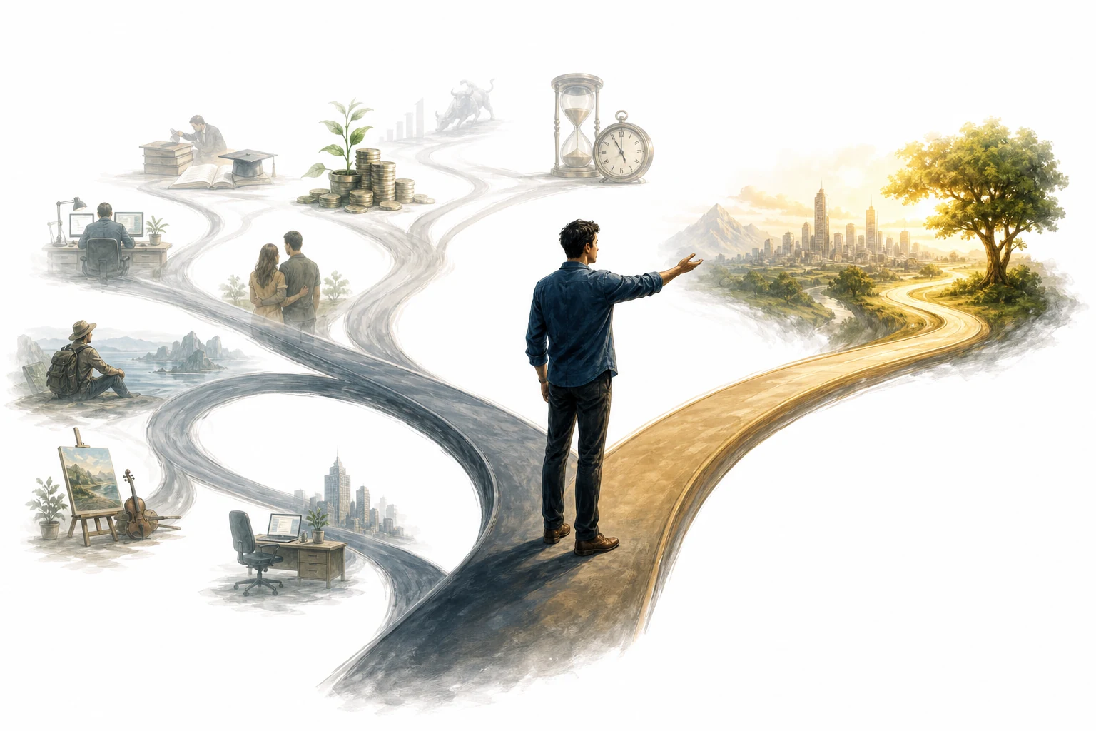 Editorial illustration of a person choosing between two paths, with one path fading away