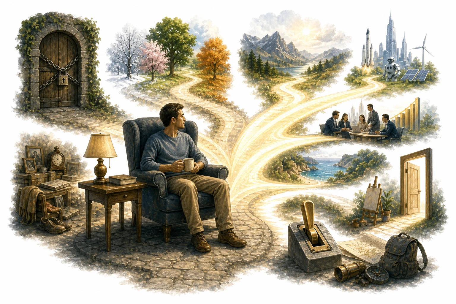 Editorial illustration of a person staying in a comfortable but outdated situation