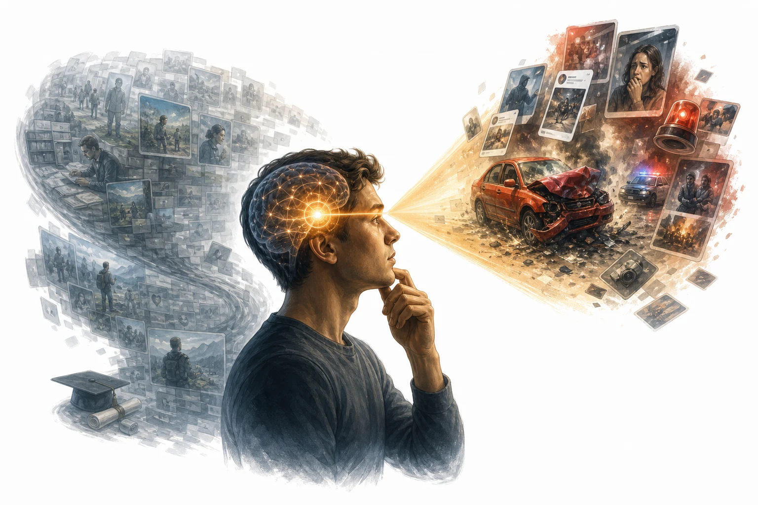 Editorial illustration of a brain with easily recalled memories overshadowing forgotten ones
