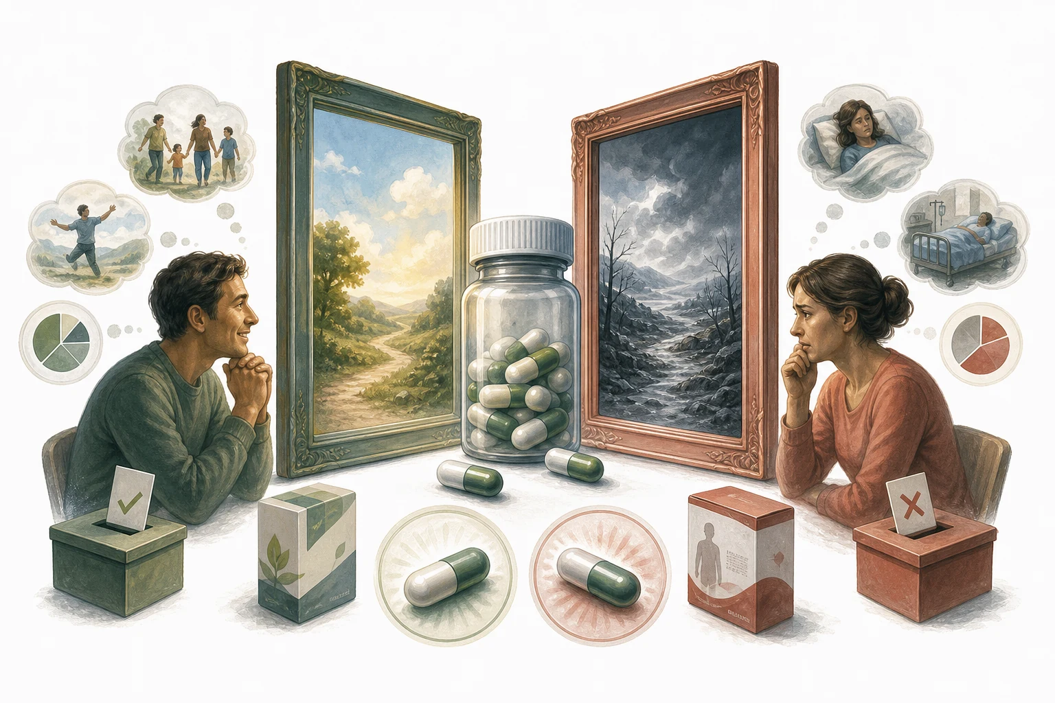 Editorial illustration of two frames showing the same information with different results