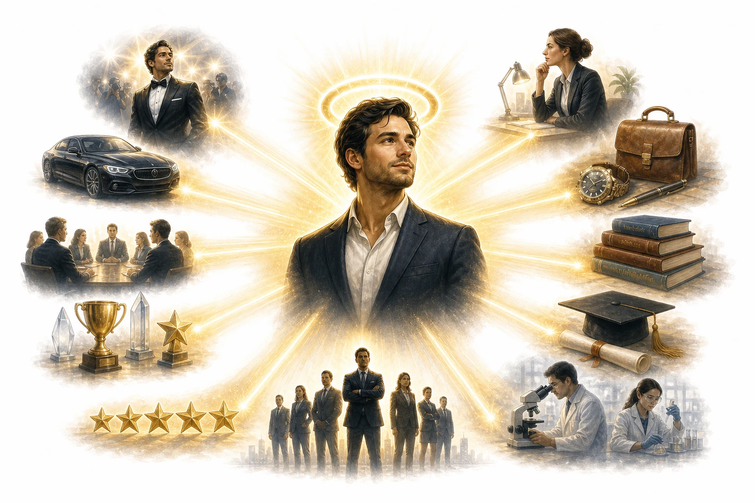 Editorial illustration of a person with a glowing halo that influences how others see them