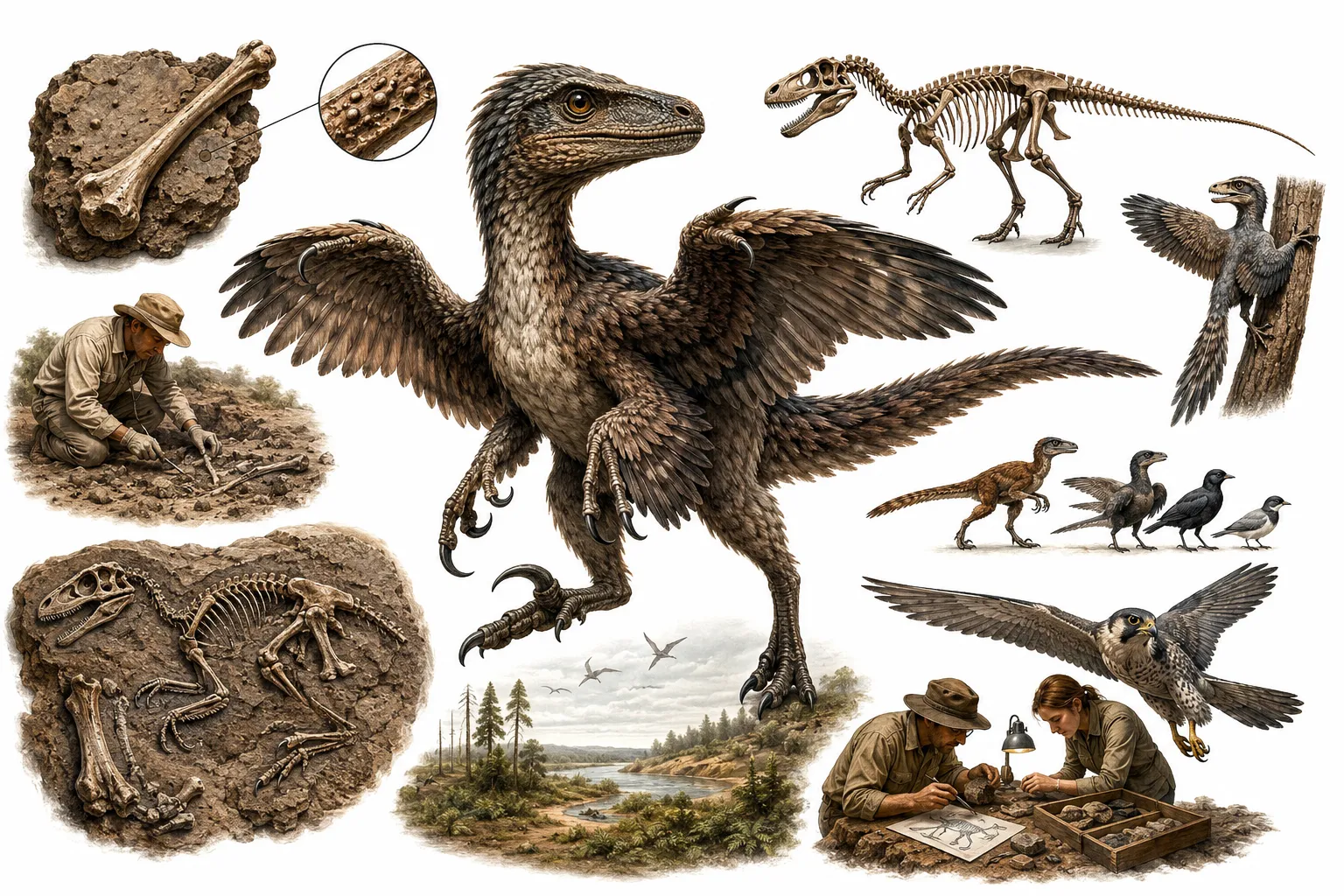 Editorial illustration of a feathered Velociraptor looking more like a large, angry bird than a reptile