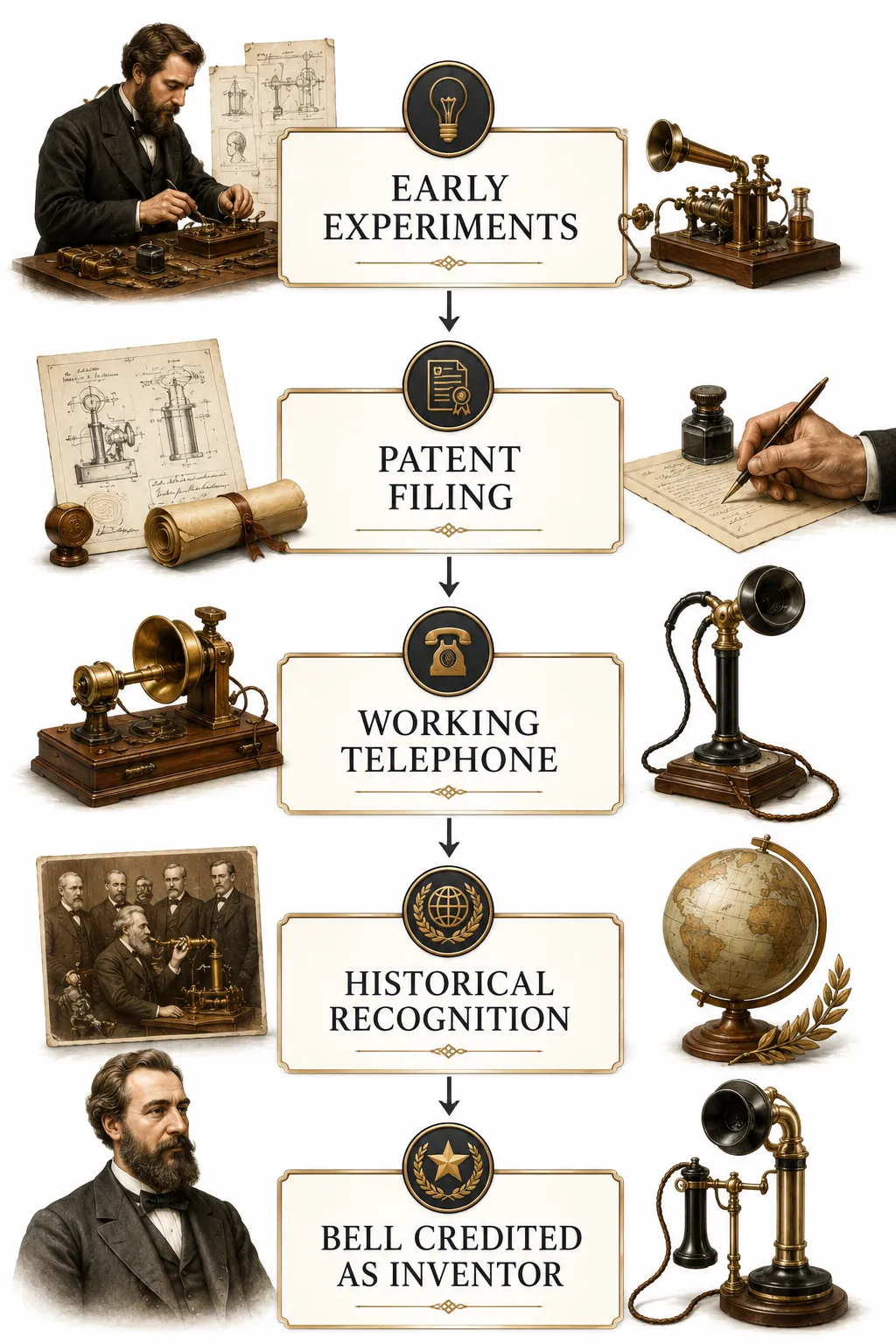 Timeline diagram showing the contributions of Meucci, Bell, and Gray to the telephone