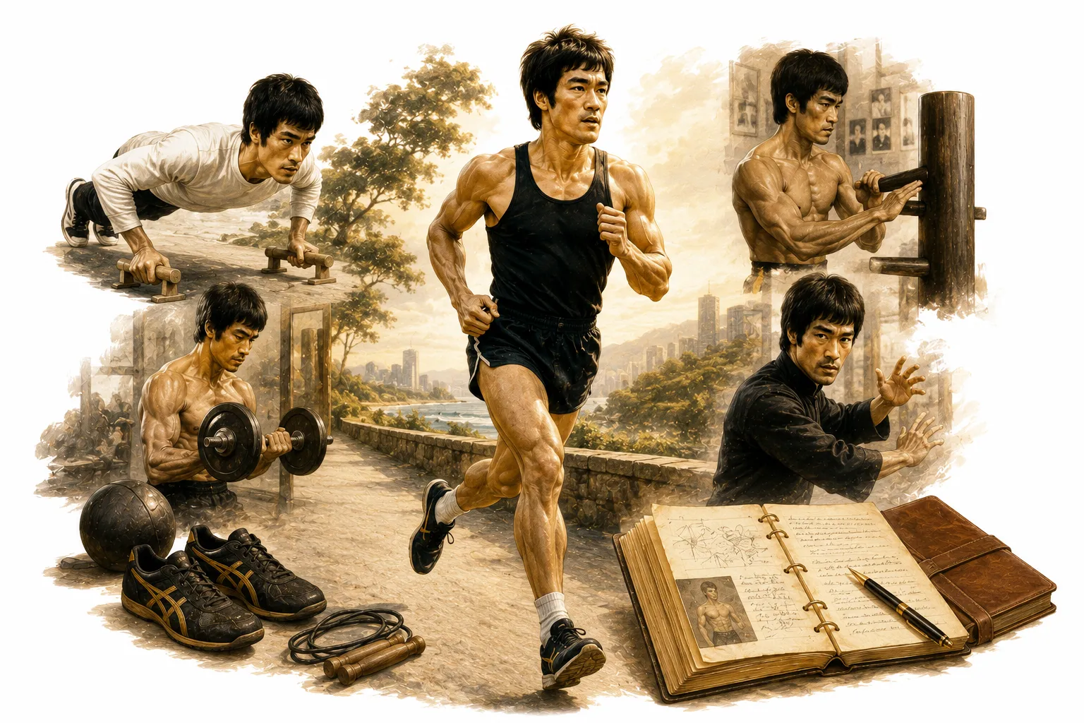Editorial illustration of Bruce Lee running outdoors with a determined expression