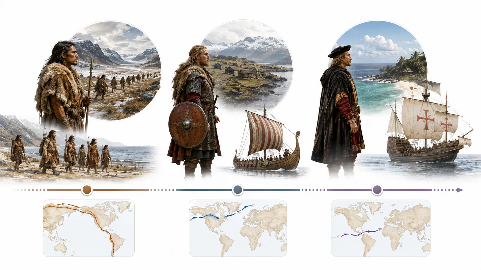 Timeline diagram showing Indigenous migration, Viking settlement, and Columbus's voyage across thousands of years