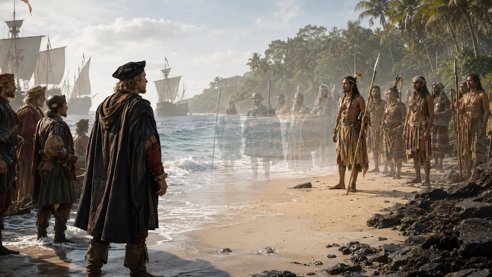 Illustration of Columbus's ships approaching land already inhabited by Indigenous peoples