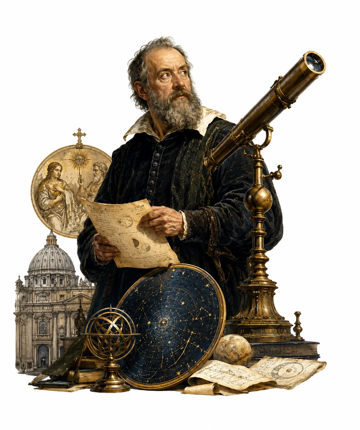 Editorial illustration of Galileo at his writing desk with astronomical instruments beside him