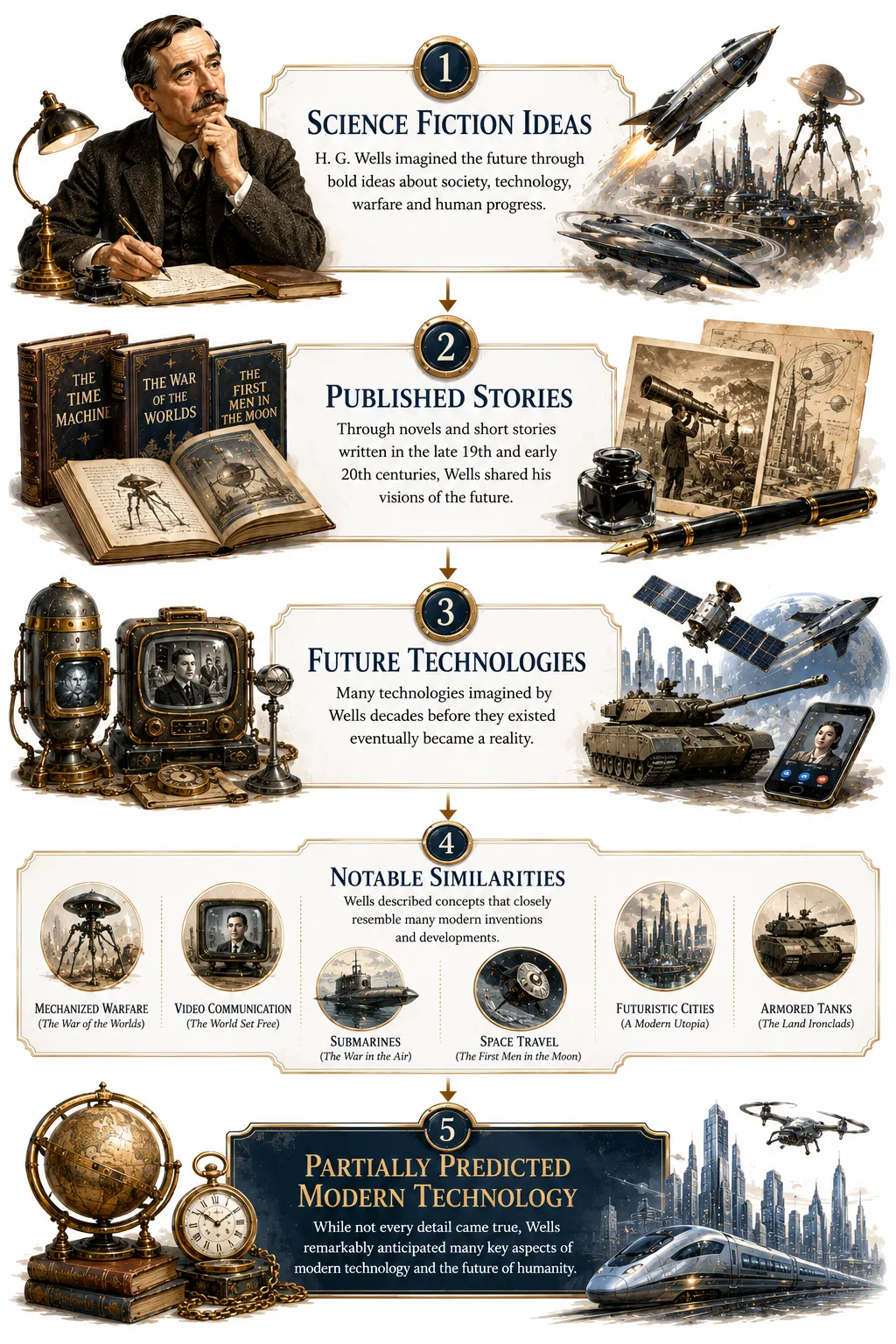 Diagram showing Wells's predictions and their real-world equivalents