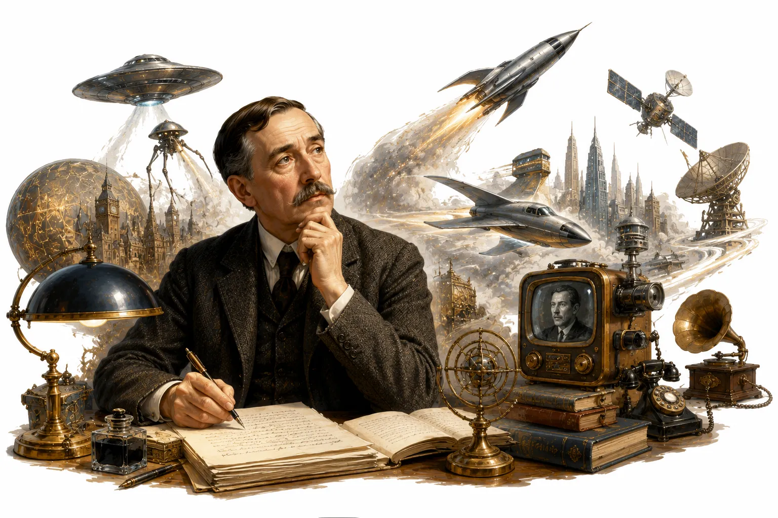 Editorial illustration of H. G. Wells with futuristic inventions