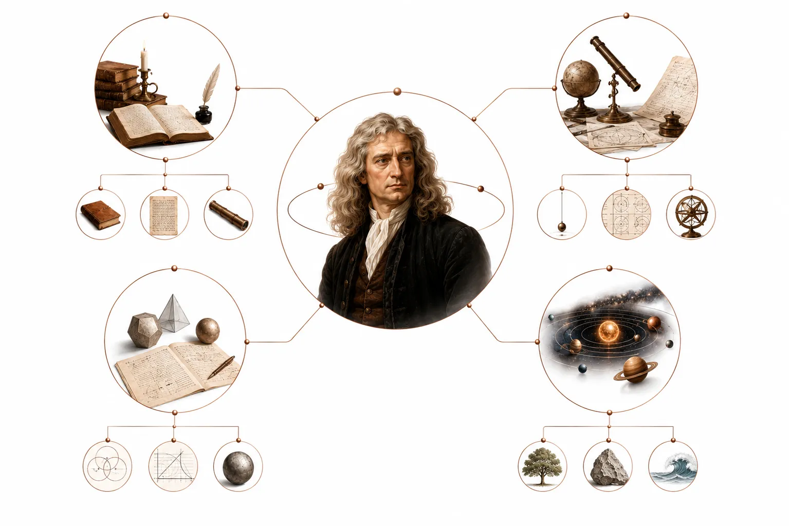 Editorial illustration of Newton studying the Bible alongside his scientific manuscripts