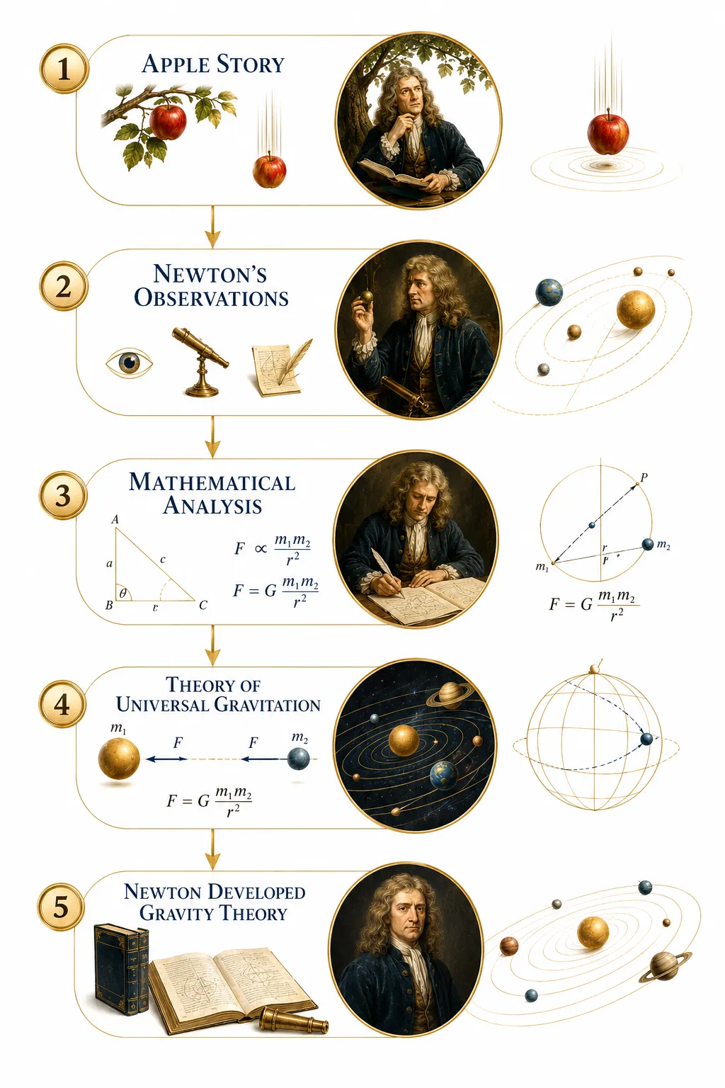 Diagram showing the law of universal gravitation and its applications