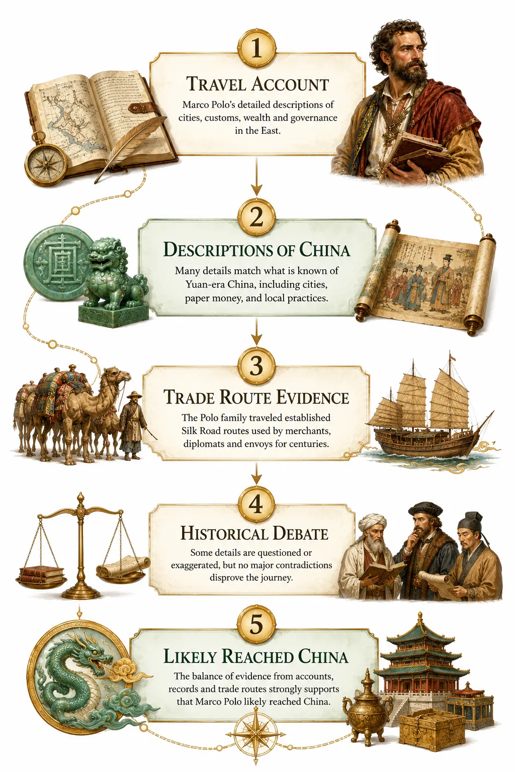 Balanced diagram showing arguments for and against Polo's journey