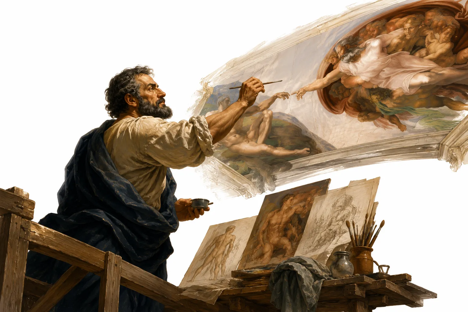 Editorial illustration of Michelangelo painting the Sistine Chapel ceiling