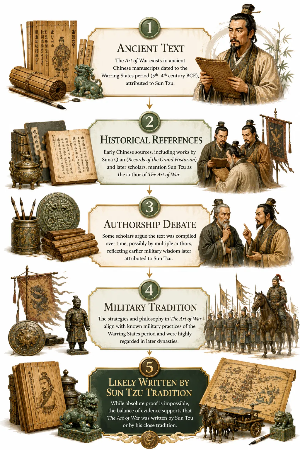 Diagram showing the timeline of The Art of War and the uncertainty around its authorship