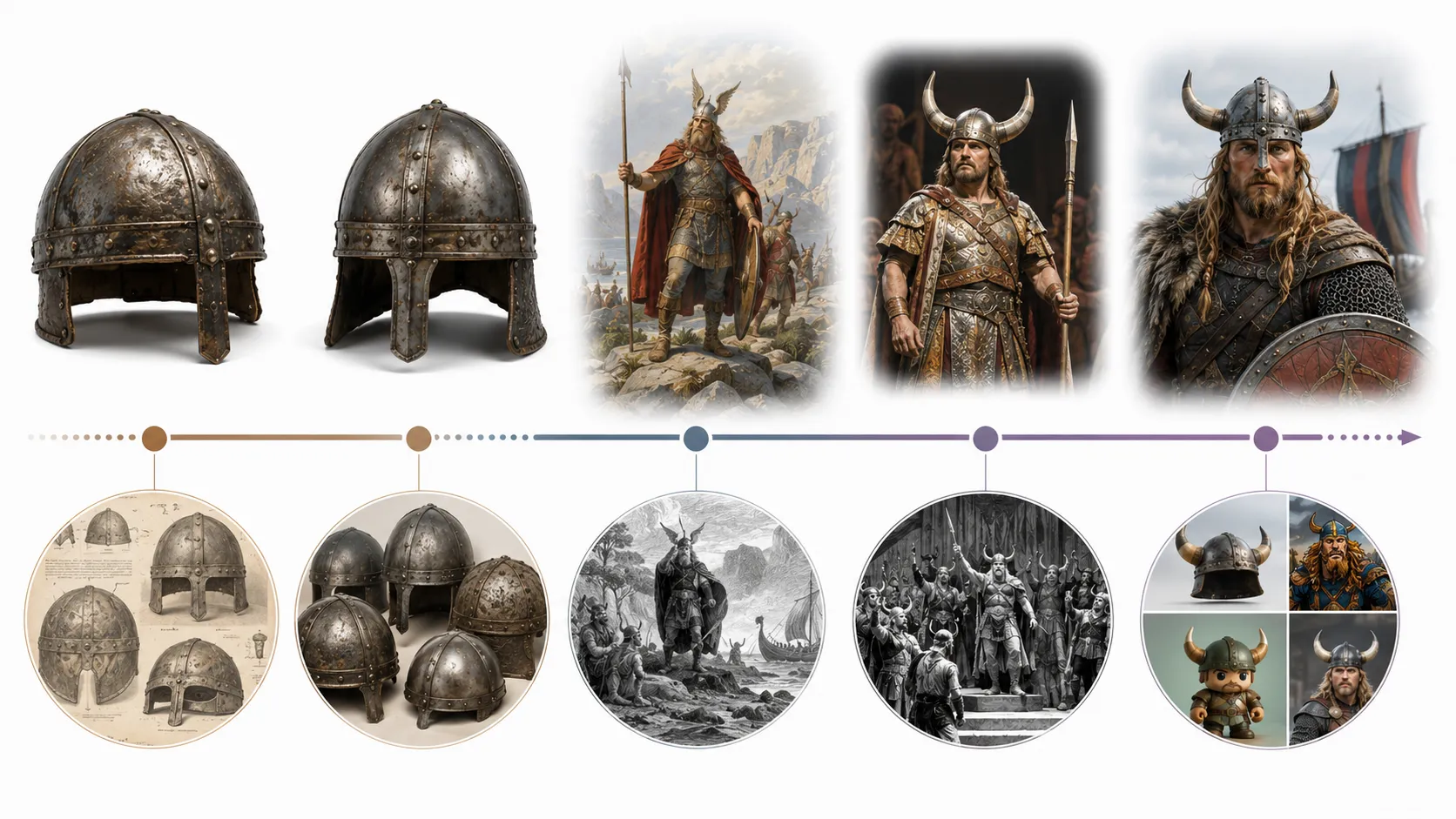 Side-by-side diagram of the Gjermundbu helmet and the invented horned helmet, with labels