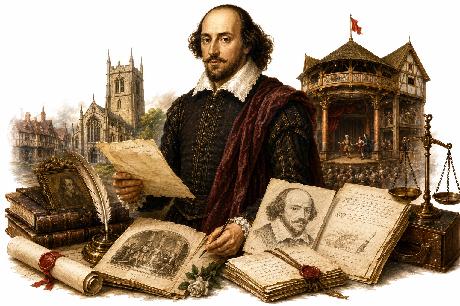 Editorial illustration of the famous Shakespeare portrait and a book of his plays