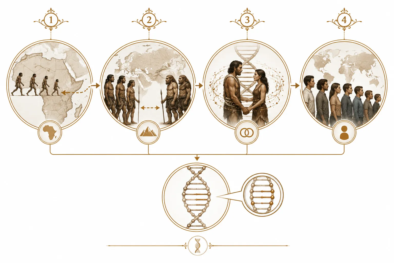 Diagram showing hybridization event, distribution of Neanderthal DNA across populations, and regions of enrichment and depletion