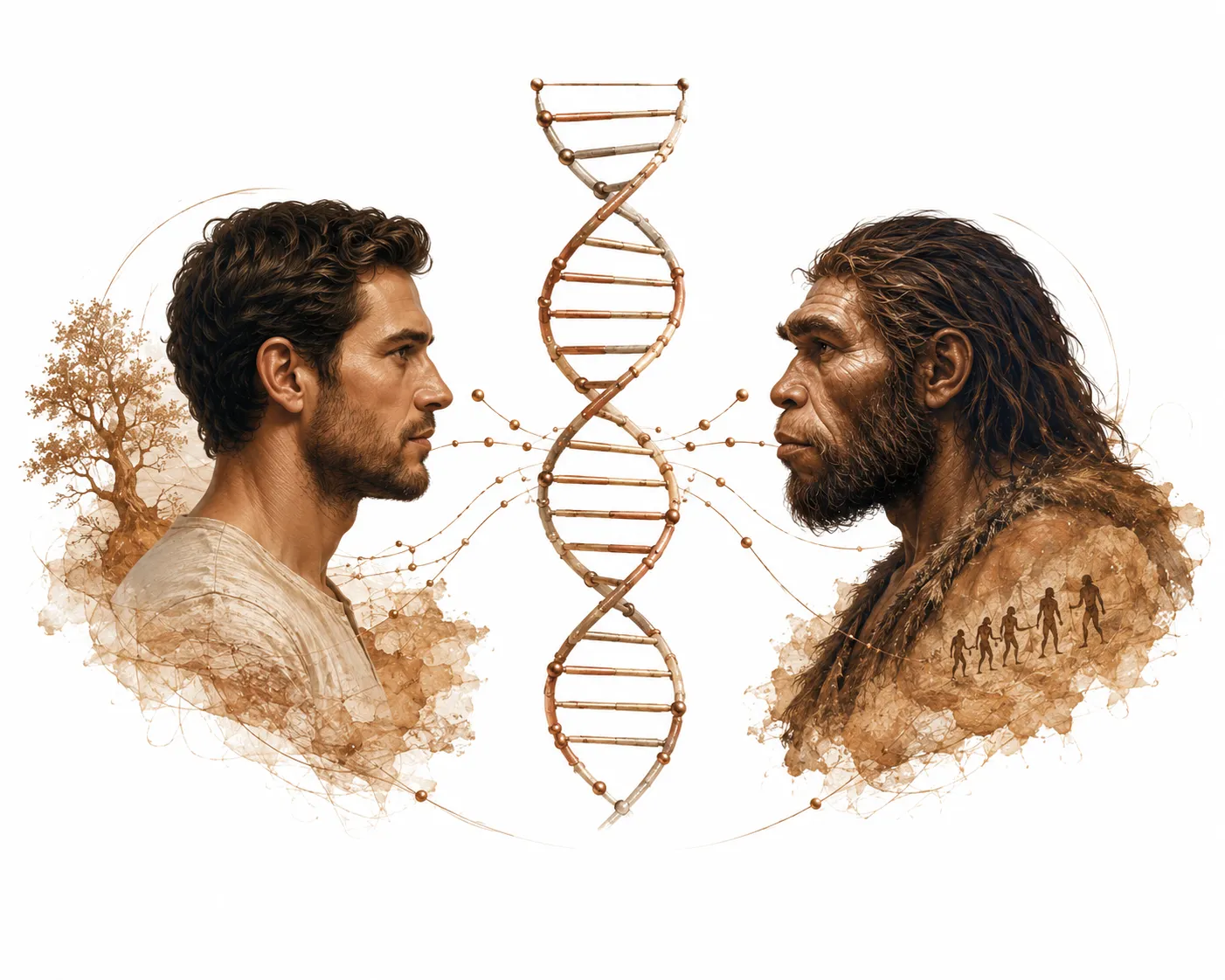 Editorial illustration contrasting Homo sapiens and Neanderthal skulls with a DNA double helix