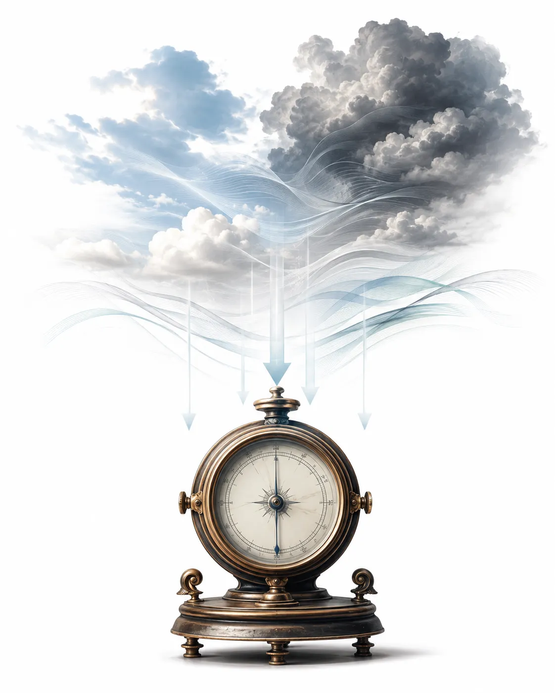 Editorial illustration showing a classic barometer measuring changing atmospheric pressure as weather systems approach