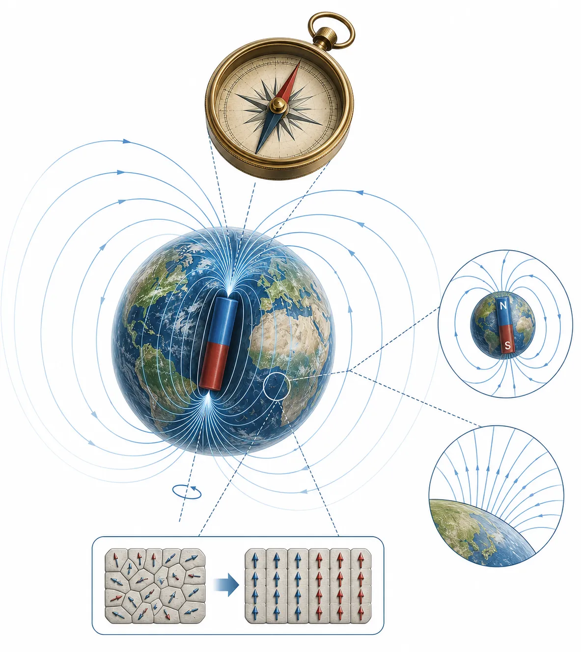 Diagram showing a compass needle aligning with Earth's magnetic field