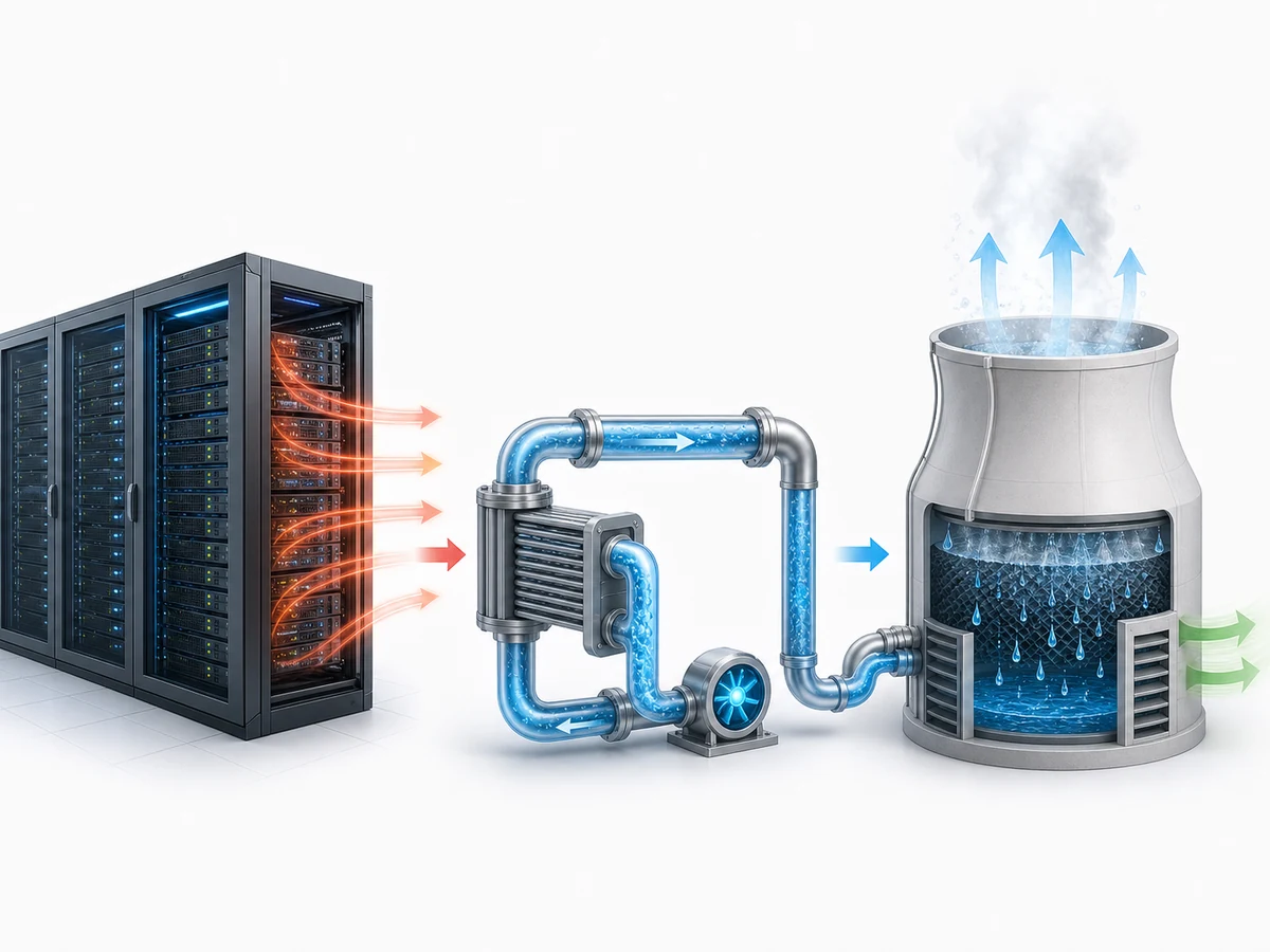 Diagram showing servers generating heat, cooled by evaporating water in towers