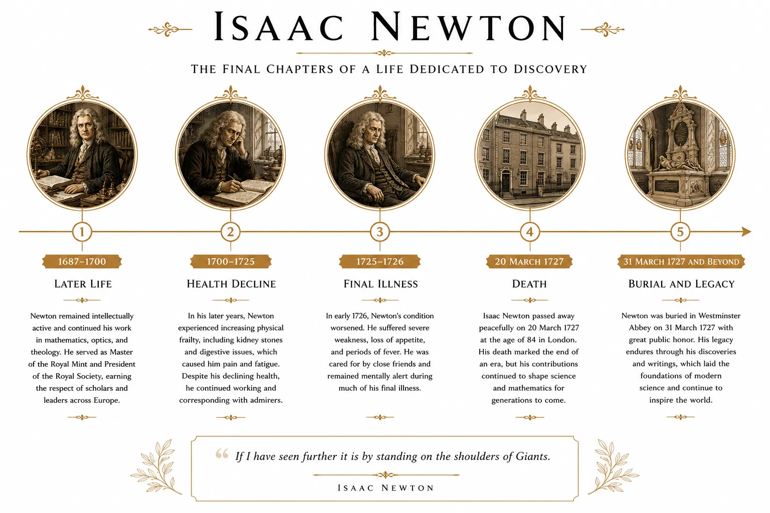 Timeline diagram showing Newton's final years, health decline, death, and burial
