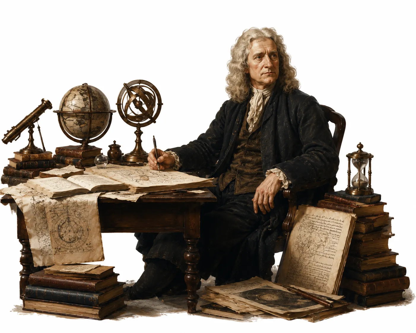 Editorial illustration of Newton in old age, with Westminster Abbey in the background