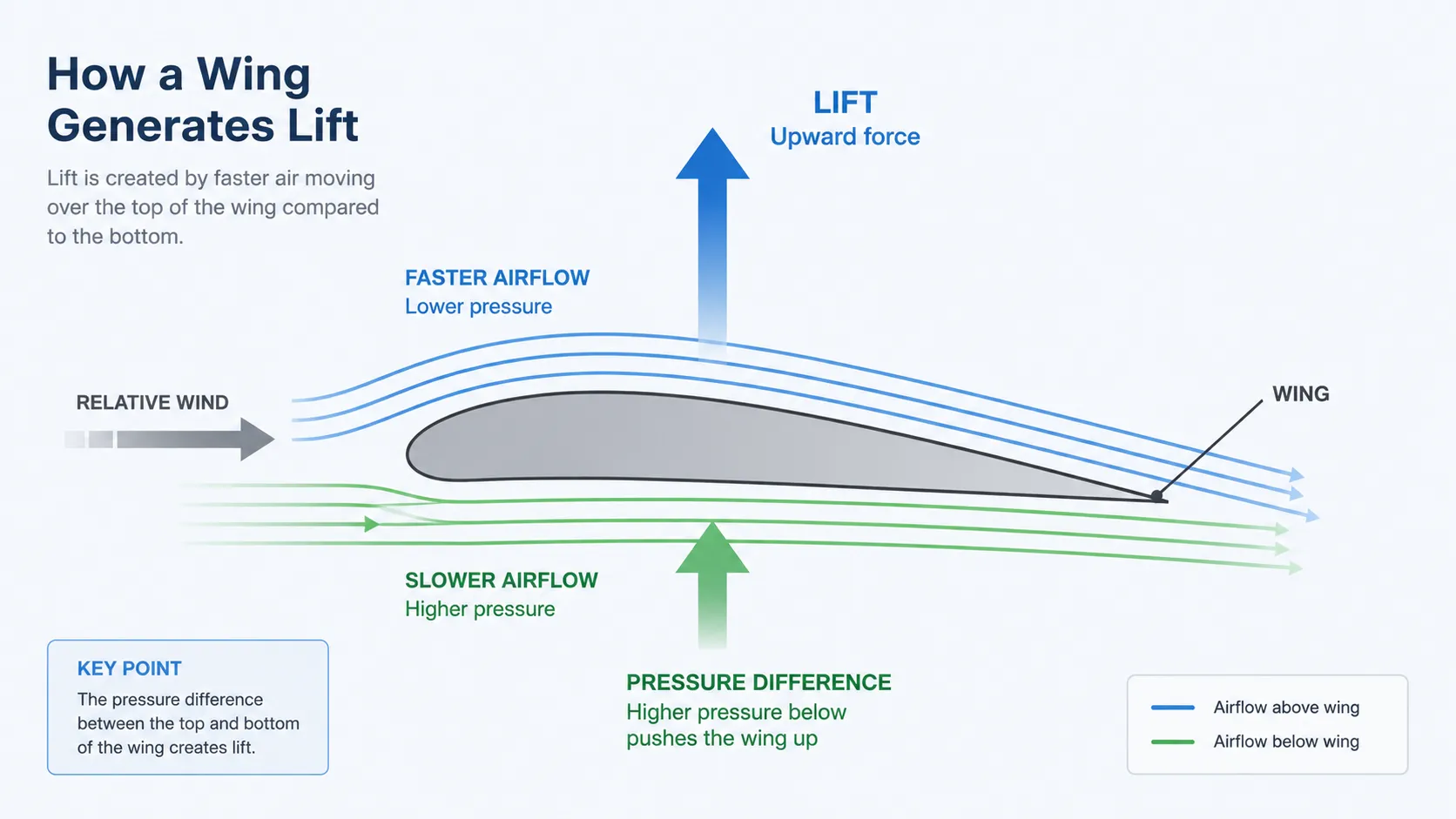 Diagram of an airplane with arrows showing lift upward, weight downward, thrust forward, and drag backward