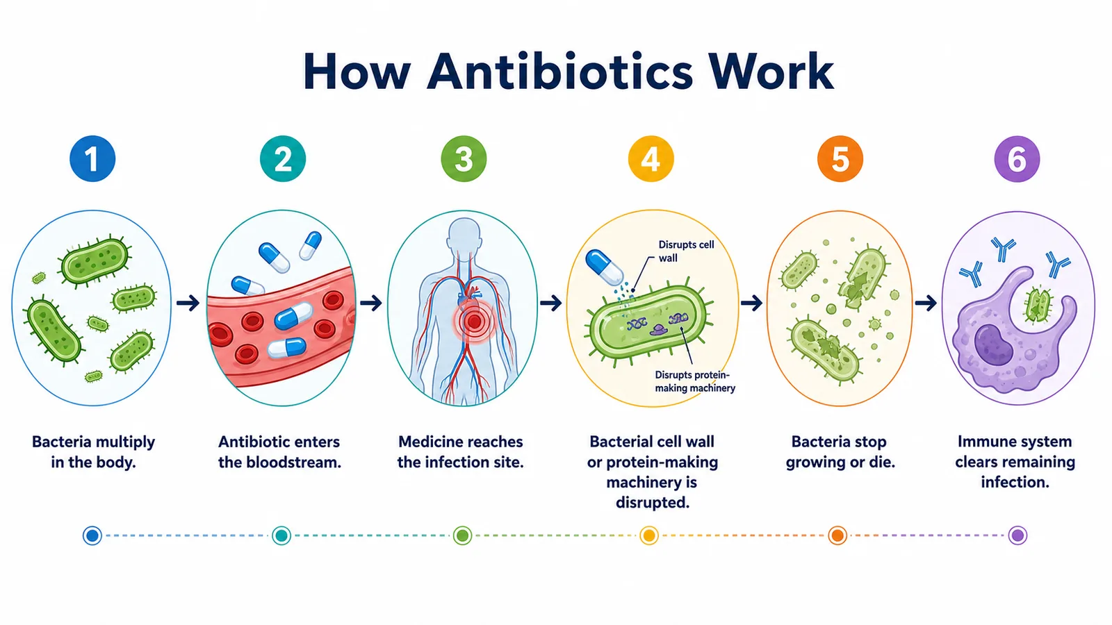 Step-by-step diagram showing bacteria multiplying, antibiotic reaching the infection, bacterial cell walls being disrupted, bacteria dying, and the immune system clearing the infection