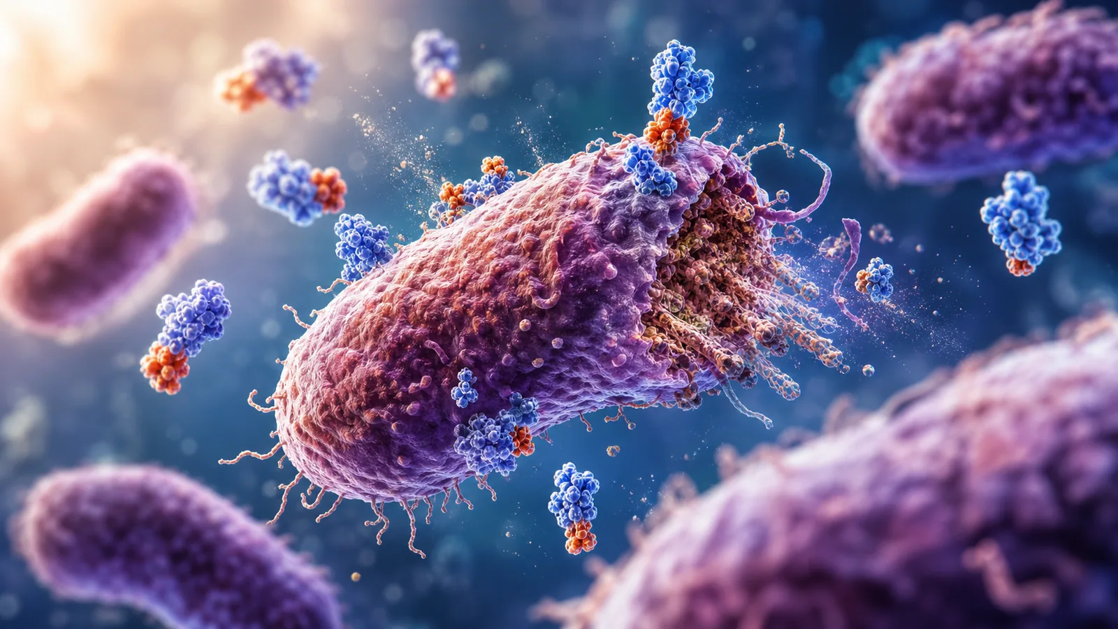 Cinematic microscopic scene showing antibiotics targeting harmful bacteria inside the body