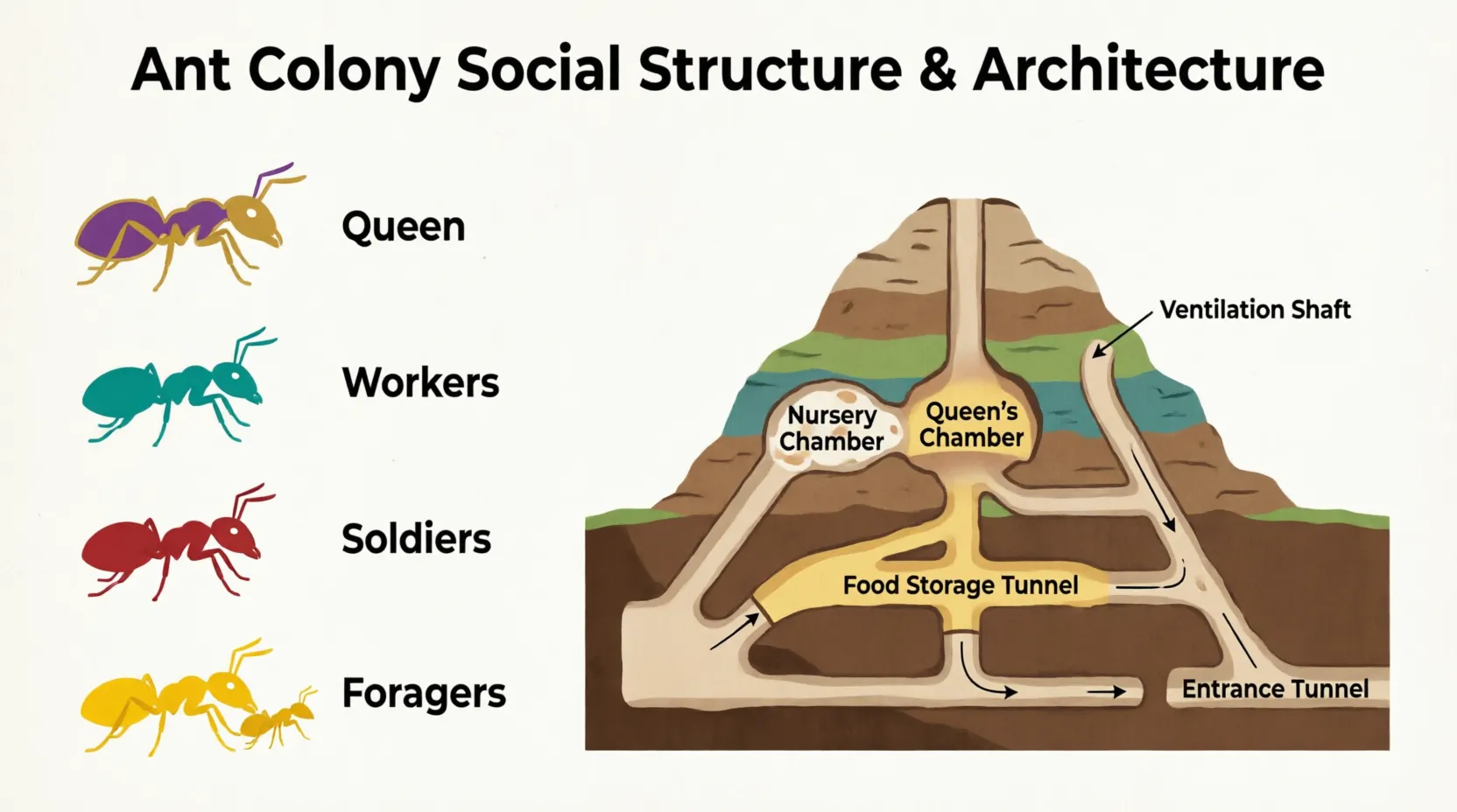 Diagram showing queen, worker, and male ants with their roles