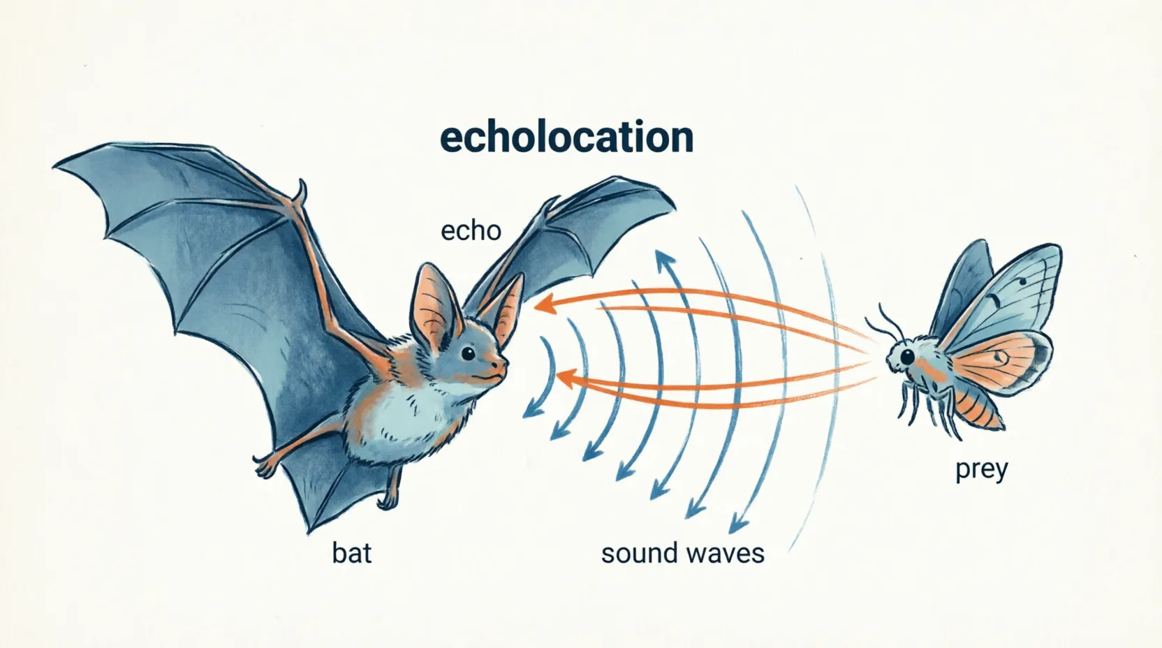 Diagram showing bat emitting sound waves and receiving echoes from a moth