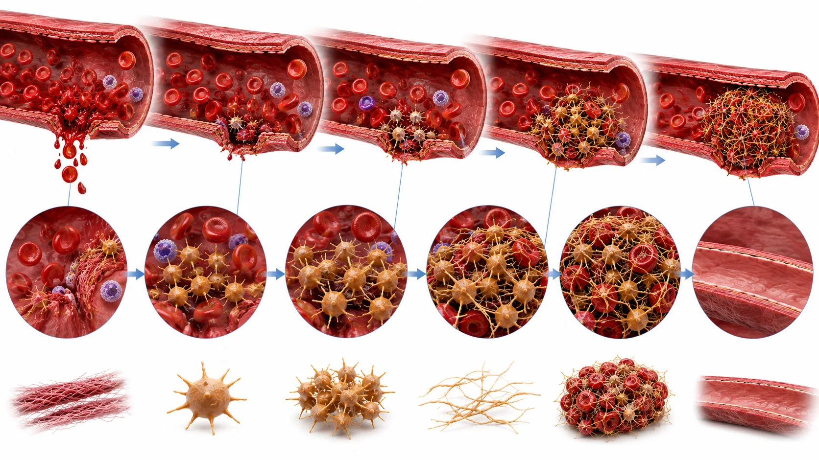 Diagram of the coagulation cascade showing platelets and fibrin formation