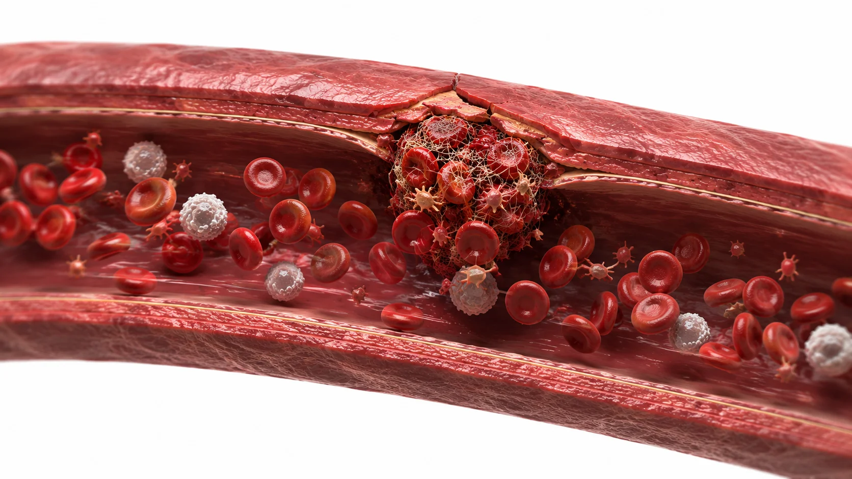 Microscope image of a blood clot showing fibrin mesh and trapped red blood cells