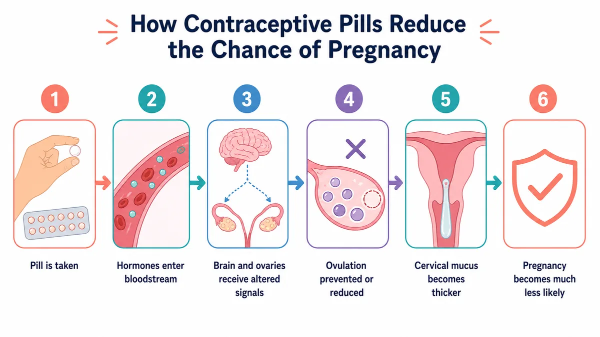 Step-by-step infographic showing pill ingestion, hormone absorption, ovulation suppression, cervical mucus thickening and reduced chance of pregnancy