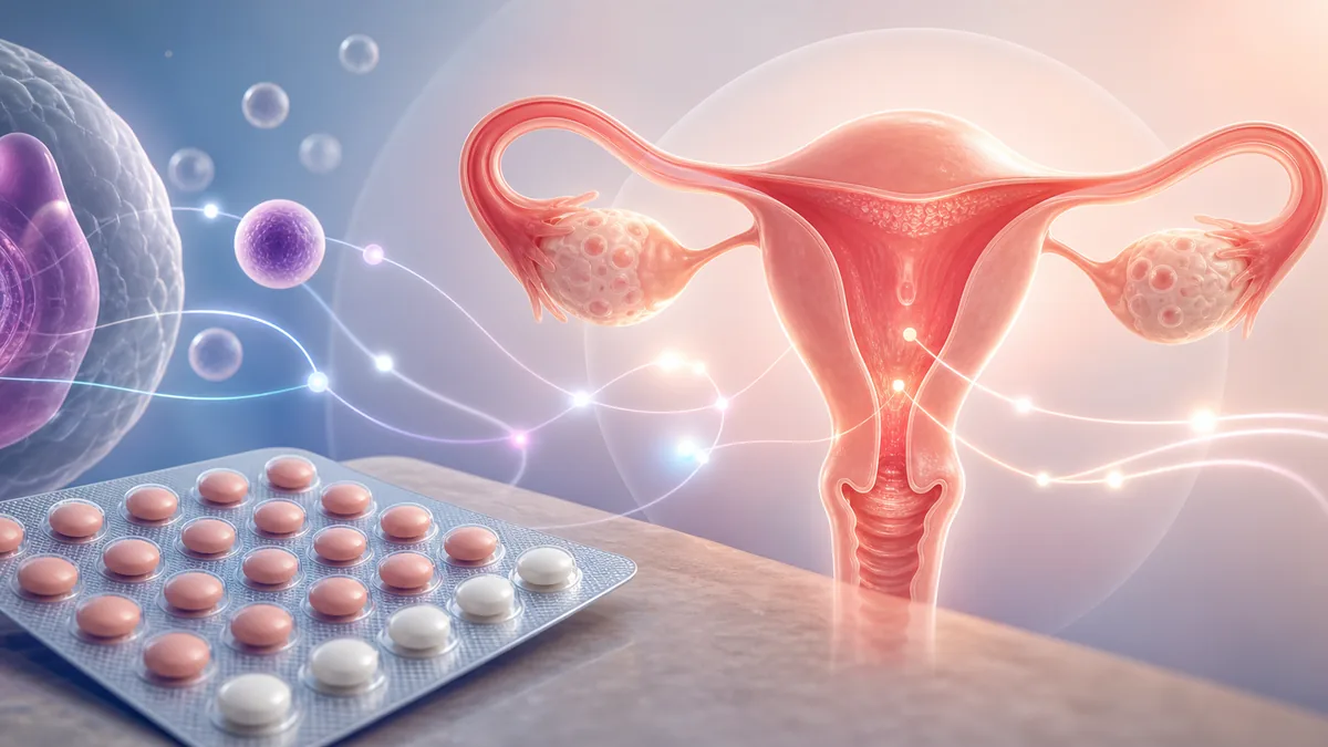 Clean educational visualization of the female reproductive system with subtle hormone signaling pathways shown as glowing communication lines