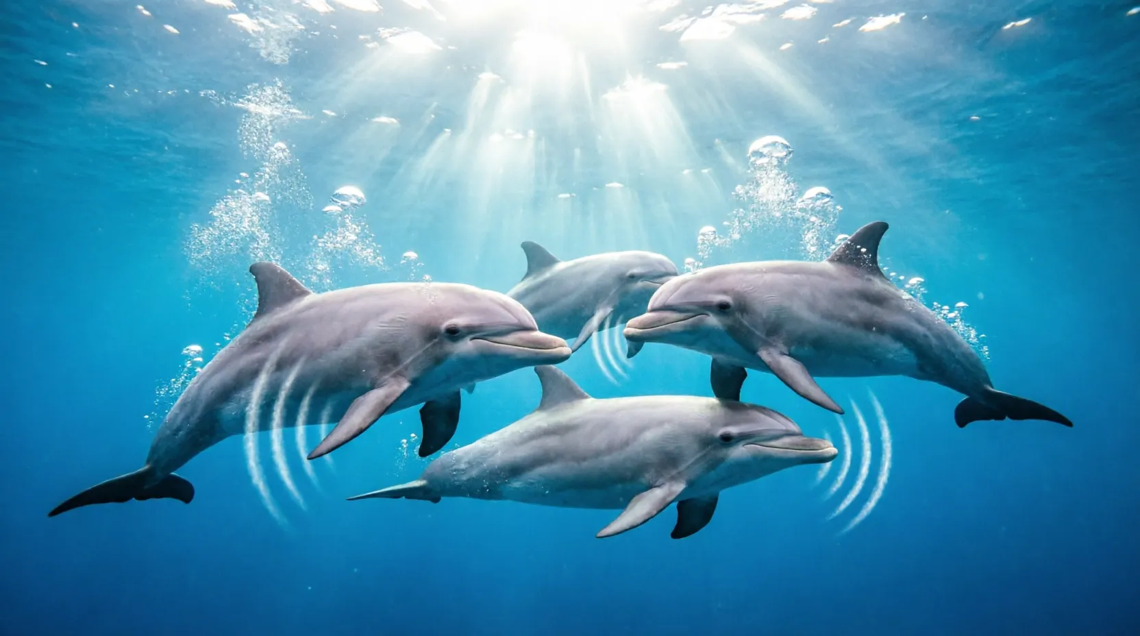 Pod of dolphins swimming underwater
